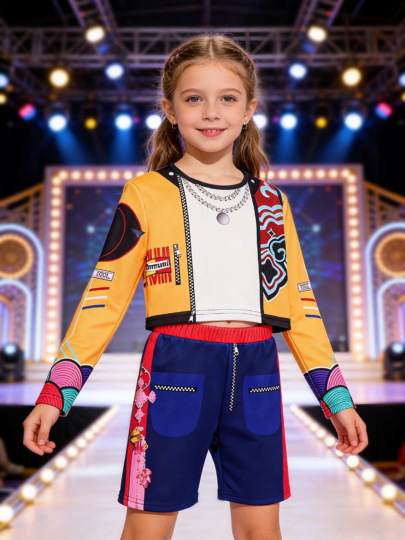 Ensemble 2 pièces Hip Hop Graffiti Imprimé Veste Courte Débardeur Short Tenue de Danse 2 Pièces pour Scène Filles 5-6Y orange