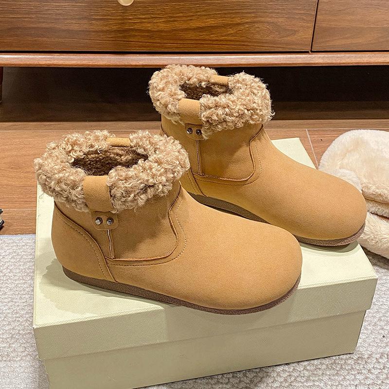 

Soft leather version~ plush Birkenstock boots women s round head retro fluffy short boots flat cotton shoes warm plush snow boots 40 верблюд
