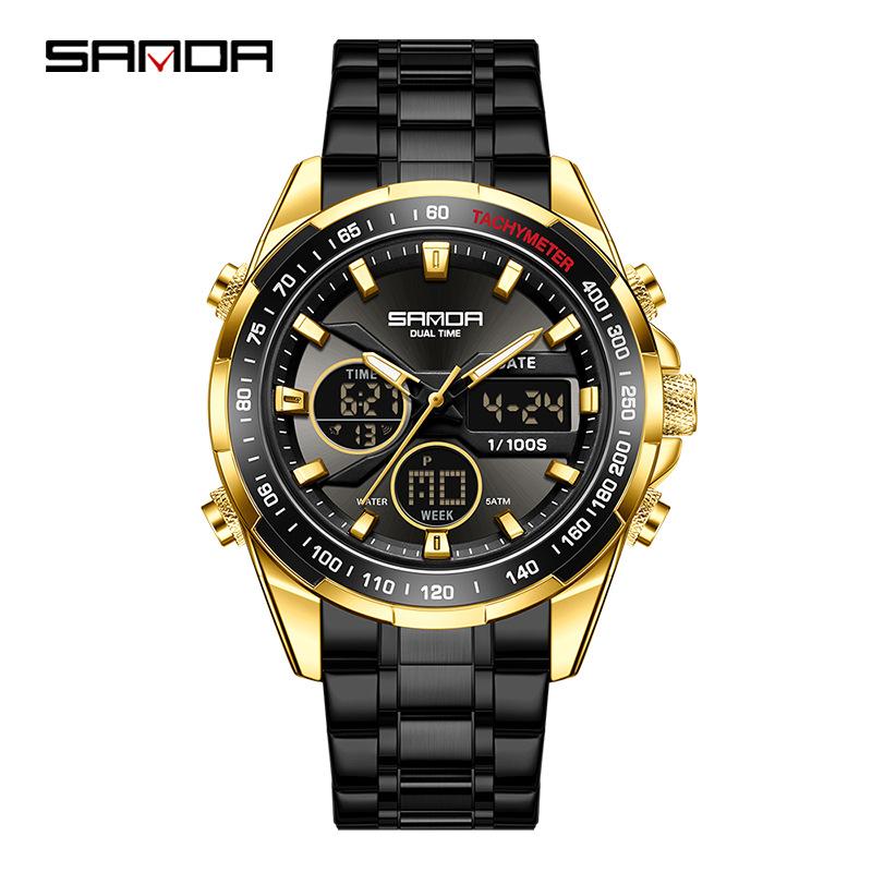 SANDA Stereoscopic Dual Display Watch Men's Steel Band Sunday Date 12/24 Hour 5ATM Waterproof Night Light Alarm Clock