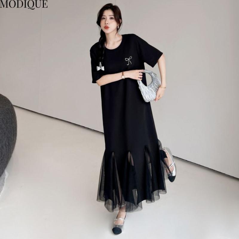 MODIQUE Summer Plus Size New Women Loose Elegant Solid Color Printing Mesh Hemline Long Dress Female Casual Short Sleeve O-Neck Dresses
