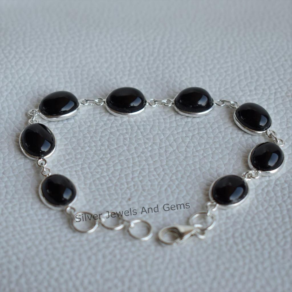 Zwarte Onyx Armband, Handgemaakte 925 Sterling Zilver Zwarte Edelsteen Armband, Cadeau voor Haar, Lichtgewicht Zetting Armband