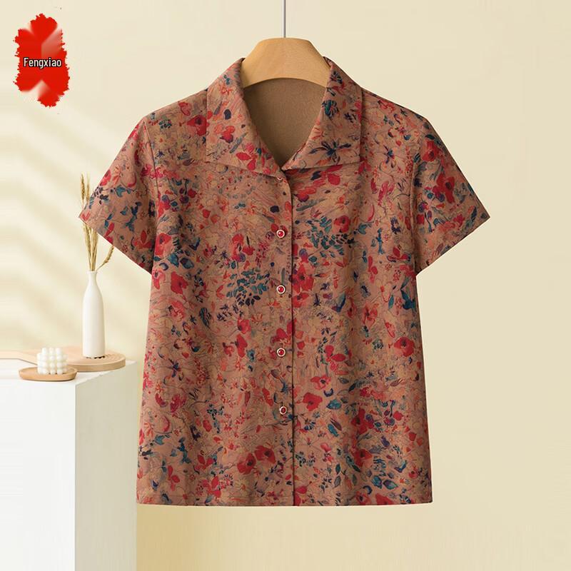 Women s Floral Print Short Sleeve Polo Shirt 4XL красный