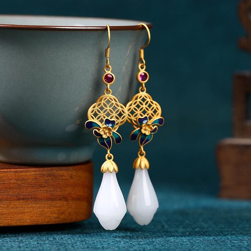 Elegant Chinese Style Gold-Inlaid Jade Magnolia Enamel Earrings