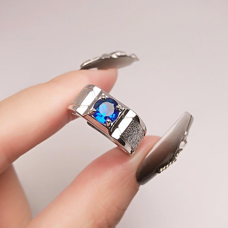 Domineering Men'S Matte Emerald Tourmaline Ring, Platinum-Plated Imitation Opening Adjustable Blue Diamond Zircon Men'S Ring.