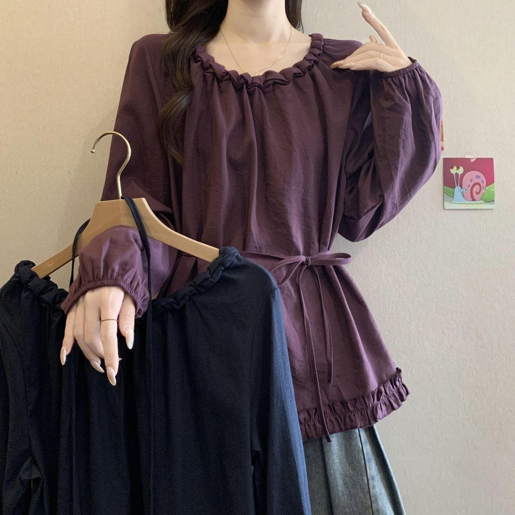 Plus Size Ruffled Waist Long Sleeve Shirt - Women's Spring/Autumn Korean Style, Slimming and Elegant Top