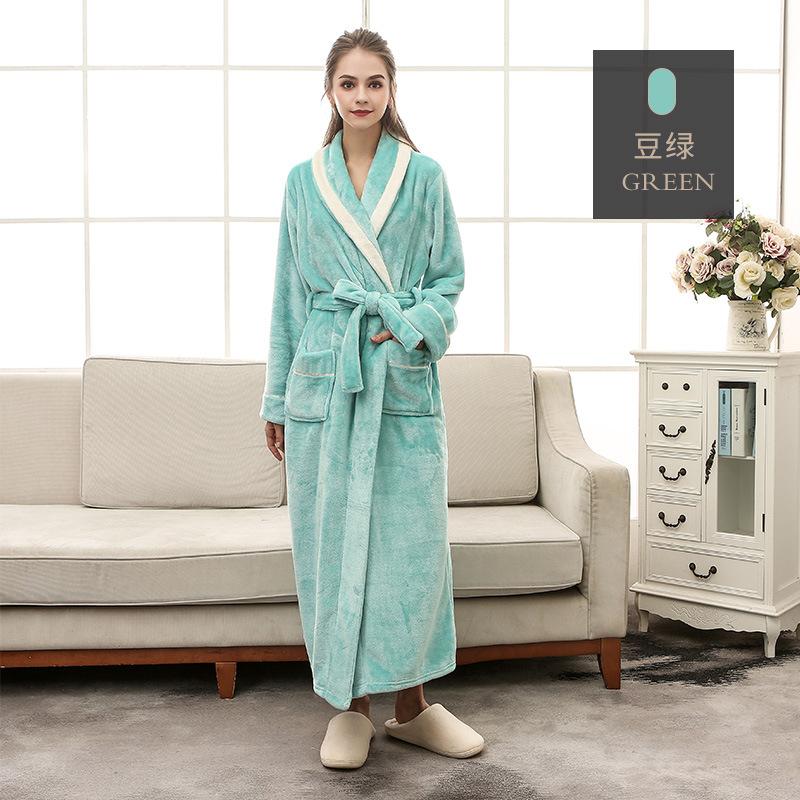 

Пары осень зима цельный фланелевый пижамы больших размеров женский банный халат с V-образным вырезом на шнуровке длинный халат с карманами XXXL зелёный