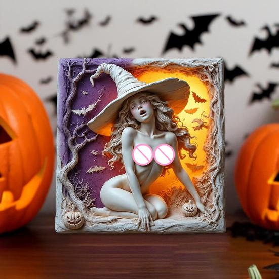 Halloween Witch Decoration Resin Sexy Witch Art Slate Tabletop Witch Sculpture with Pumpkin Bat And Spooky Trees for Home Desk Mantel Cabinet