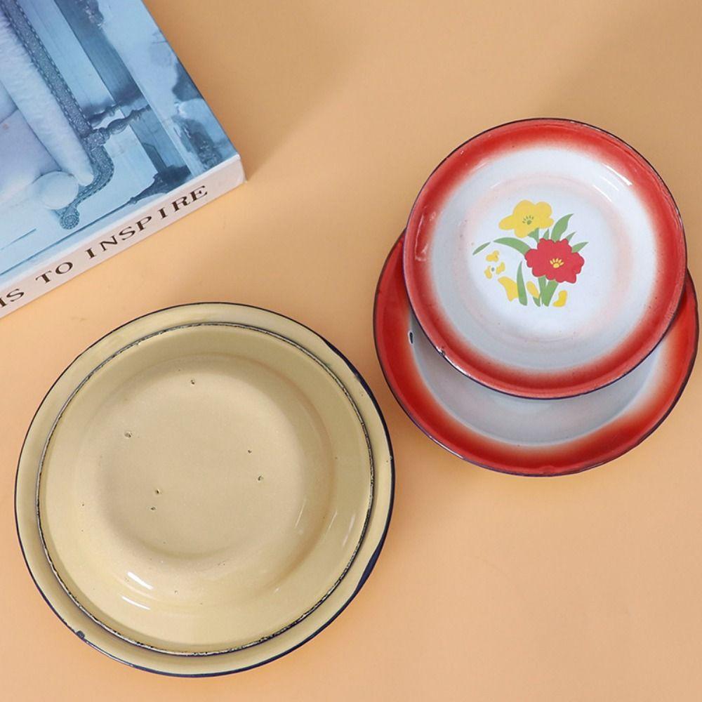 Nostalgic Theme Round Enamel Plate Old-fashioned Food Storage Tray Iron Enamel Dish Plate  Bread