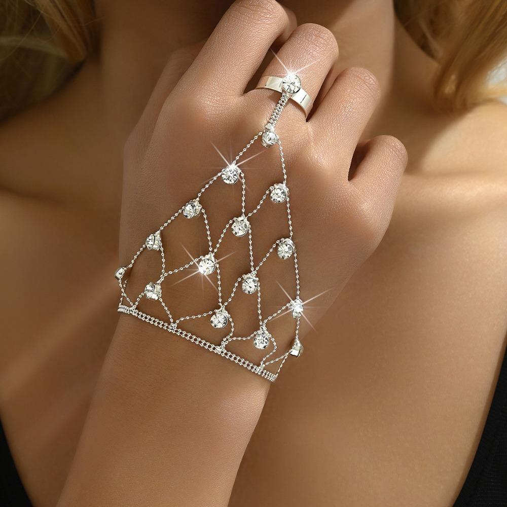Sparkling Rhinestone Inlaid Finger Ring Bracelet Vintage Elegant Hand Chain Jewelry Gifts