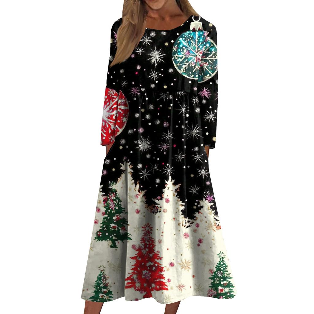 Damen Freizeitkleid mit Rundhalsausschnitt, Weihnachtsdruck, mittellang, langärmlig mit Tasche