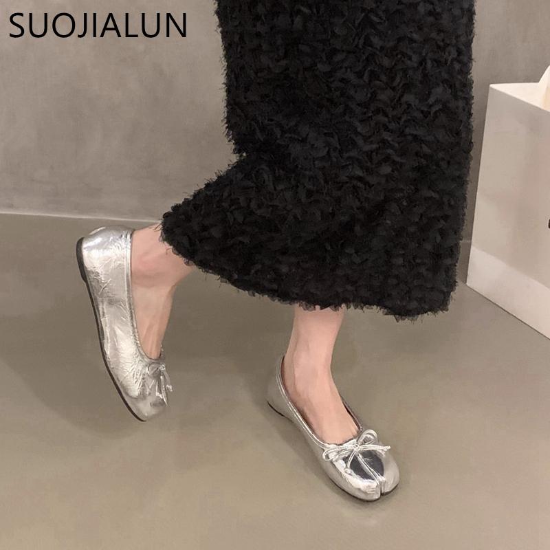 Mode SUOJIALUN 2024 Höst Dam Flats Mode Delade Tår Grunda Slip On Damer Casual Loafers Mjuka Flats Utomhus Klänning Boa