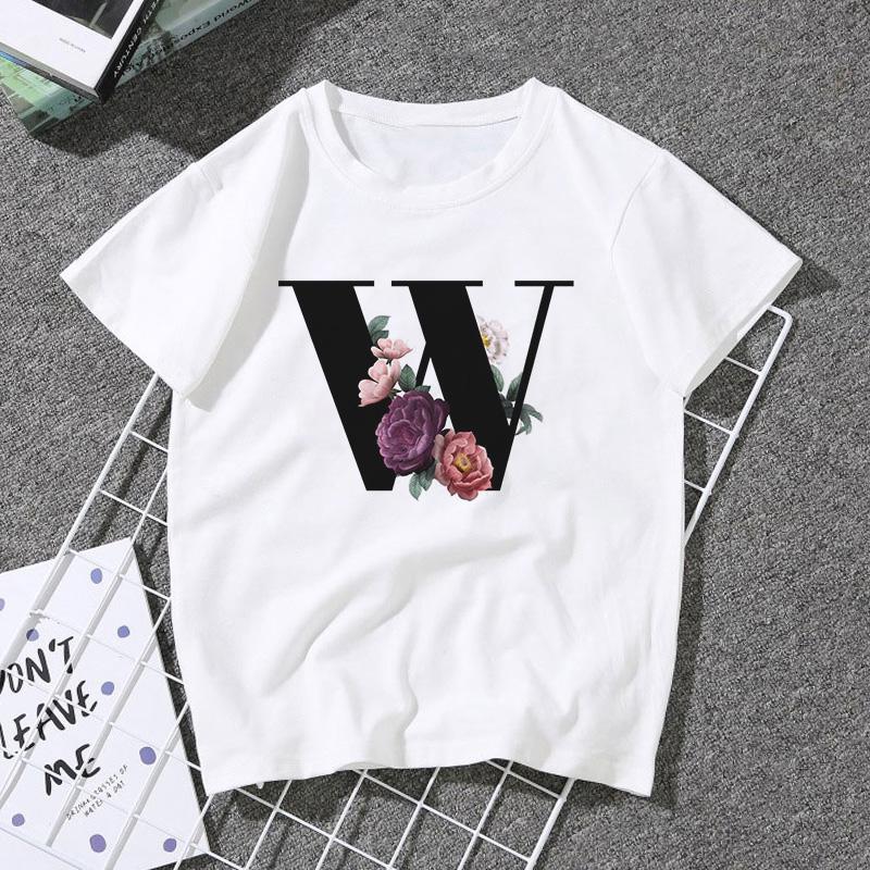 A B C D E English Alphabet Print T Shirt Women Short Sleeve Couples Lovers Female