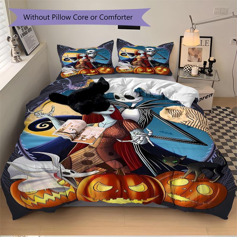 3pcs Halloween Jack And Sally Bedding Set Includes 1 Quilt Cover and 2 Pillowcases, Comfortable Bedding F038