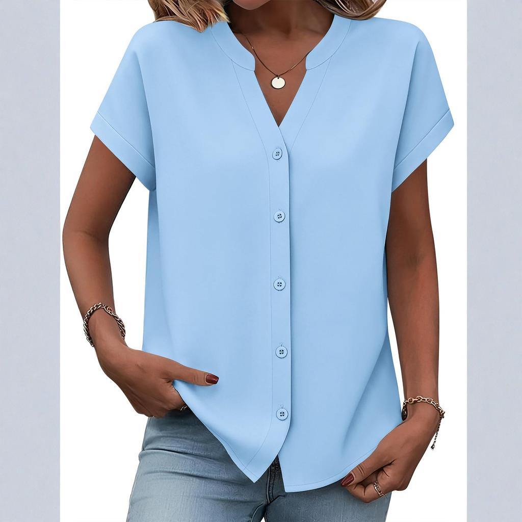 Button Down Shirts For Women Short Sleeve Tops V Neck Collar Blouses Business Casual