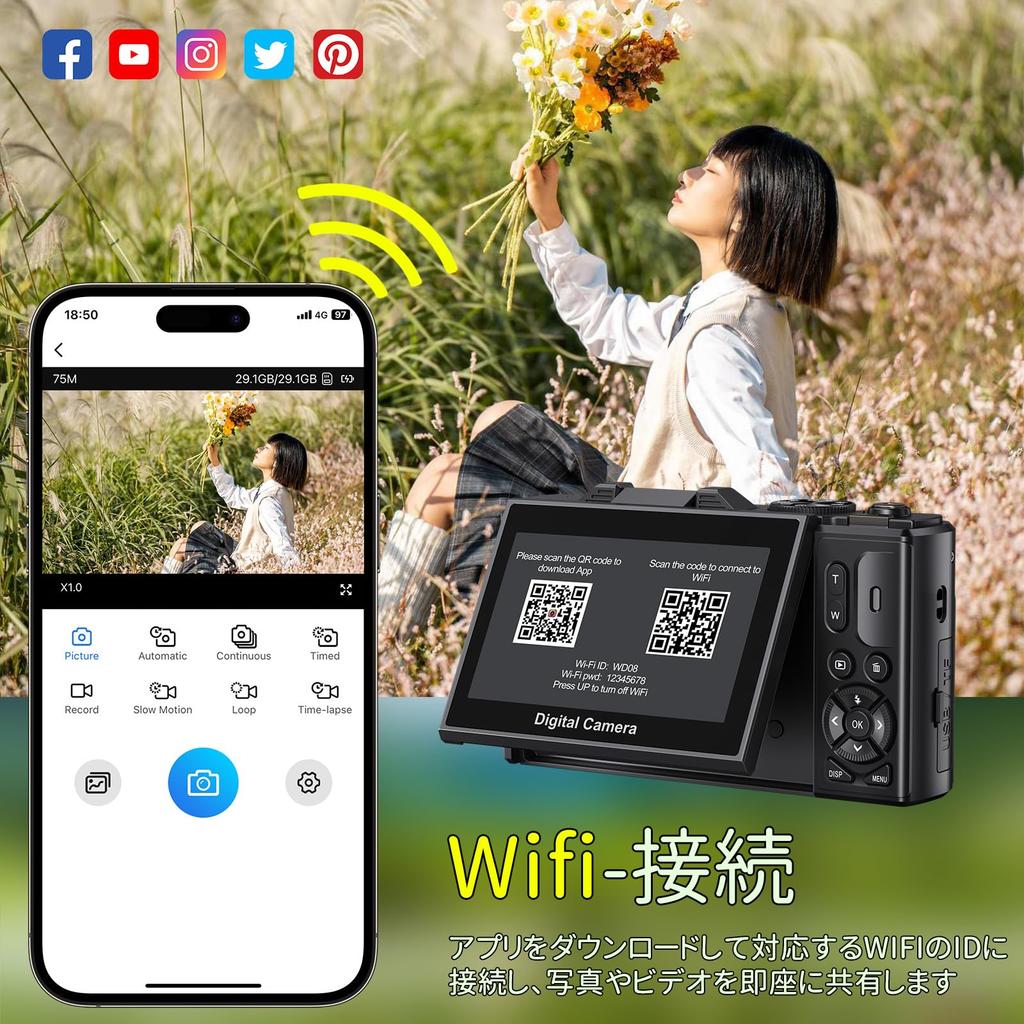 Digital Camera with 5K Rotating Auto 18x Digital Continuous Selfie 32GB Card and for and School Trips Wi-Fi 75MP, 180-Degree Display, Zoom, Focus,
