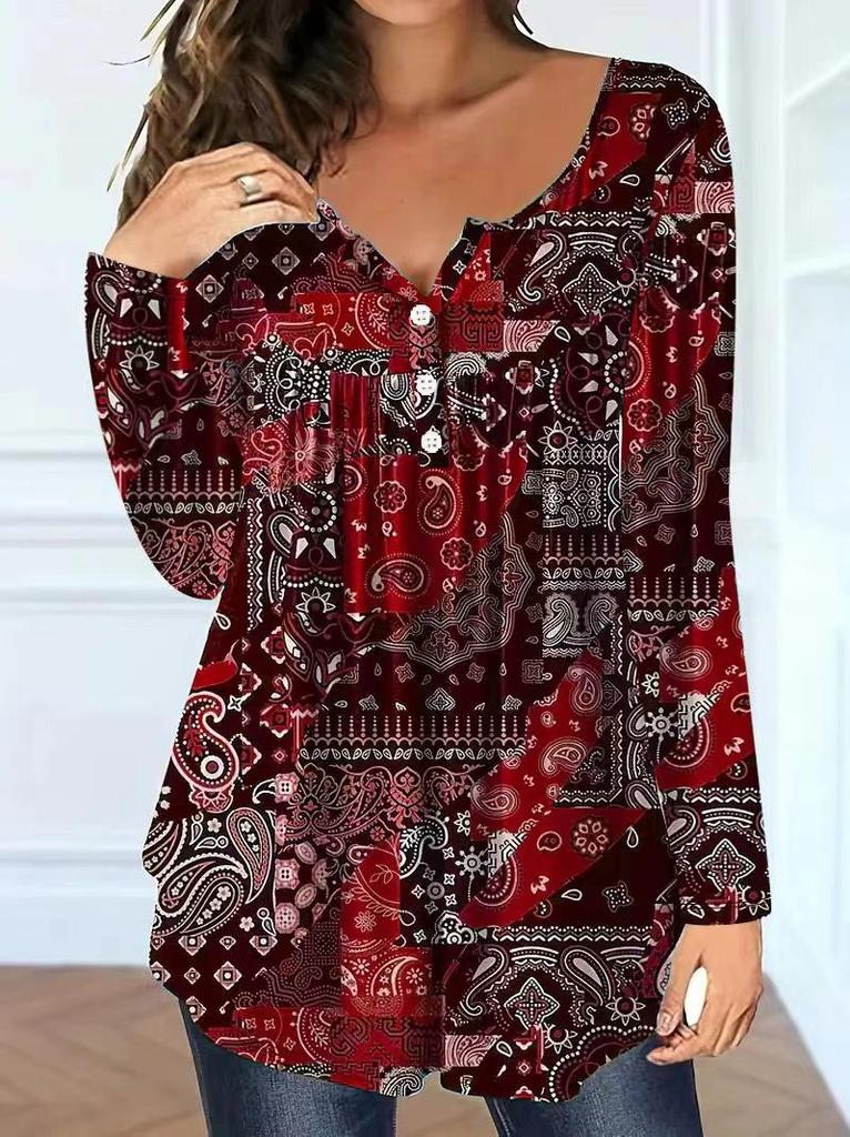 Elegant Plus Size Paisley V-Neck Button Top for Women