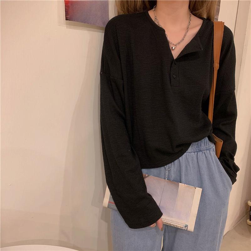 Long Sleeve T-shirts Women Elegant Simple Pure Button Design Retro Ins Autumn Ladies Tees Top All-match BF Style Mujer Clothes