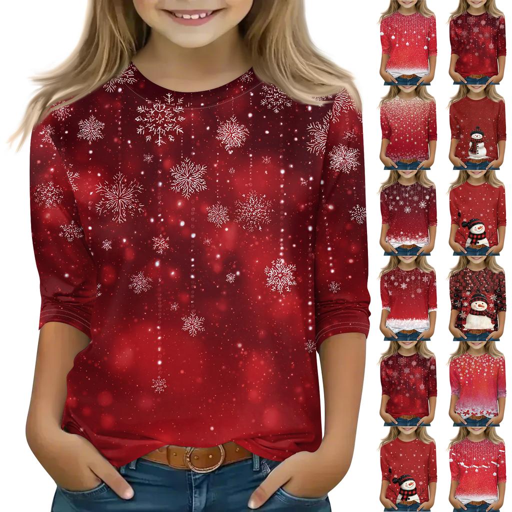 Christmas Day Print Tops For Youth Girls 4-11 Years Round Neck 3/4 Sleeves T-Shirts Trendy Tops Outfit Tees