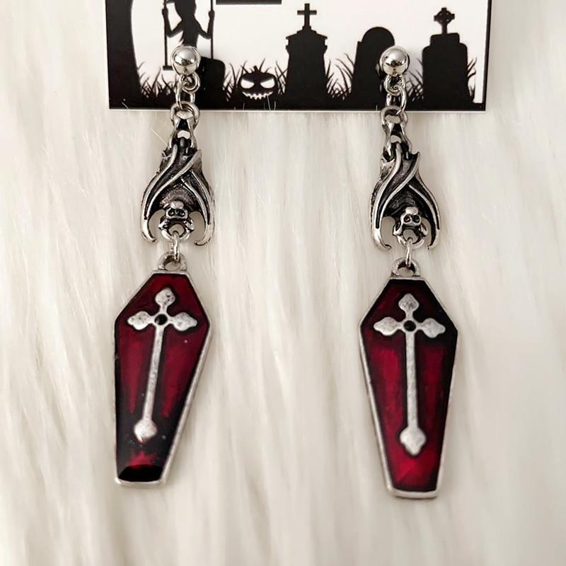 Gothic Coffin Earrings with Red Enamel and Black Stone - Cross, Halloween Alternative Jewelry