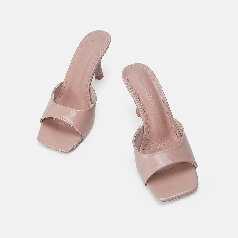 

Sheepskin version - square head open-toed sexy outer wear one-word slippers patent leather high heels cool slippers thin heels 40