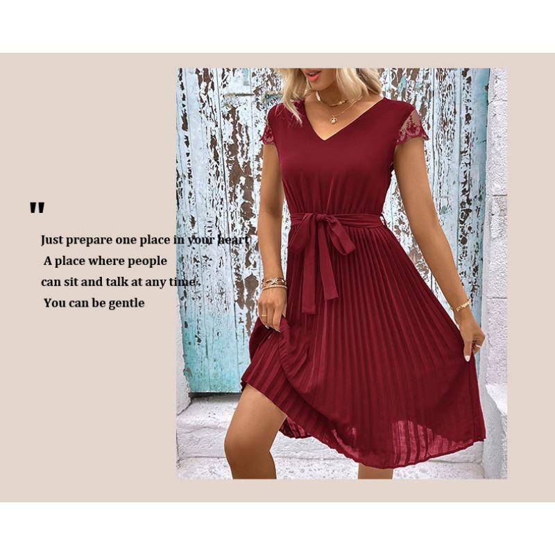 Elegantes Temperament Design Spitze Einfarbig Plissee Kleid