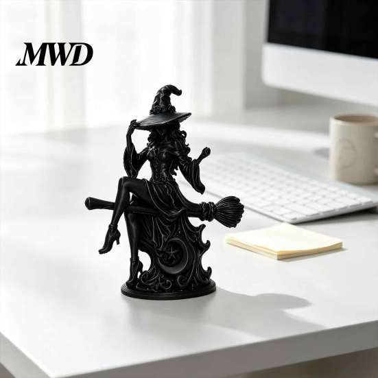 Creative Fantasy Room Accents Gothic Witch On Broom Statue, 3D Printed Spooky Tabletop Figurine for Decoration Home Party, Black Halloween Desk Decor