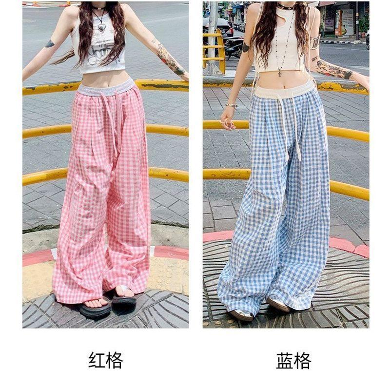 

2025 Summer High Waist Sweet Tie-Neck Loose Casual Loose Pants Pure Color Gingham Cute Wild Mop Casual Pants Default