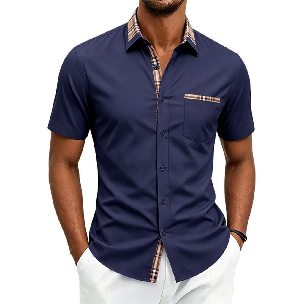 Men's Short Sleeve Button Down Shirt Stretch Breathable Wrinkle Resistant Polo Collar Casual Shirt with Chest Pocket