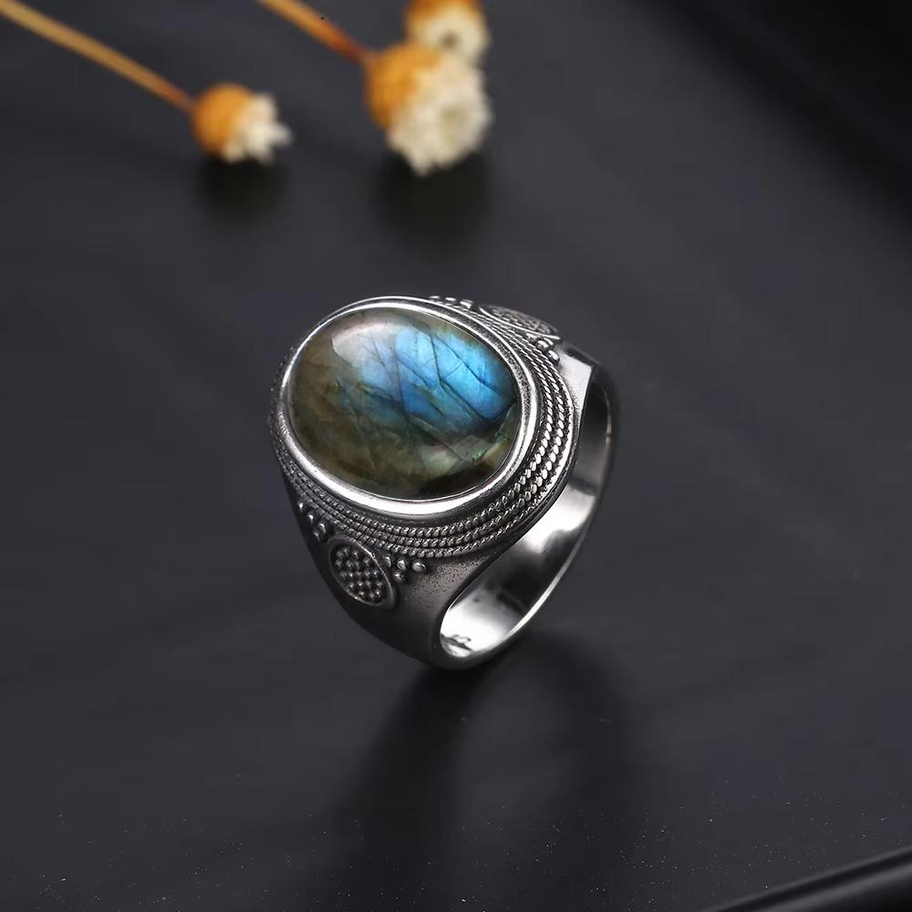 Vintage S925 Sterling Silber Natürlicher Labradorit Mondstein Ring 10x14MM Großer Türkis Lapislazuli Retro Ring für Damen Herren