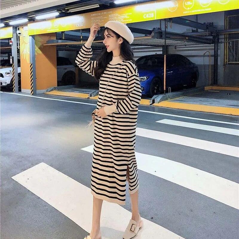 Rolák Pletené šaty Pruhované Dámské Svetr Dlouhý rukáv Volný Rozdělený Spodní Šaty Dojíždění Harajuku Podzim Zima