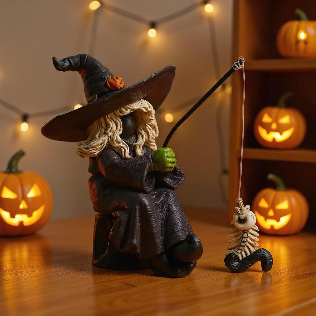Witch Statue Resin Counter Figure Whimsical Gothic Fishing Witch Figurine for Yard Home Porch Kitchen Desk Indoor Bookshelf