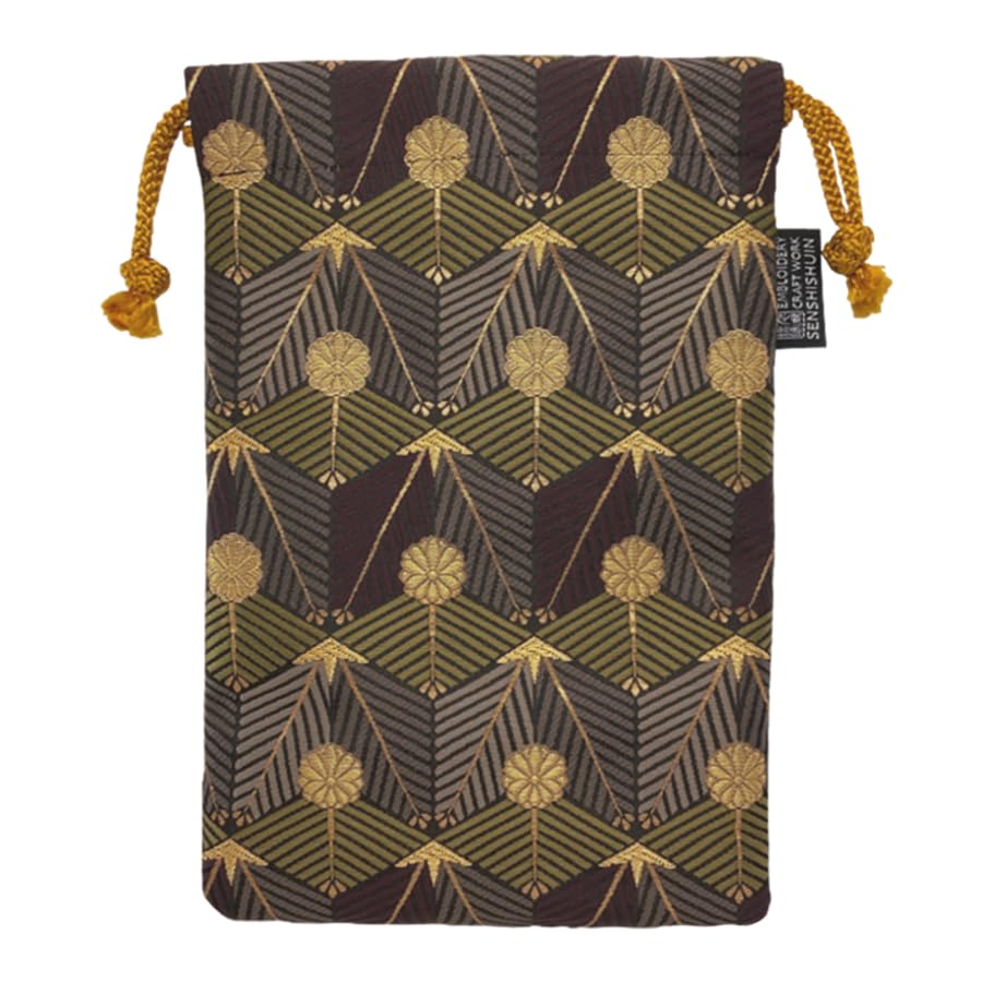 Senshishuin Nishijin Brocade Drawstring Bag (Lined) - Purple and Green Tortoiseshell Pine Design, Medium Size