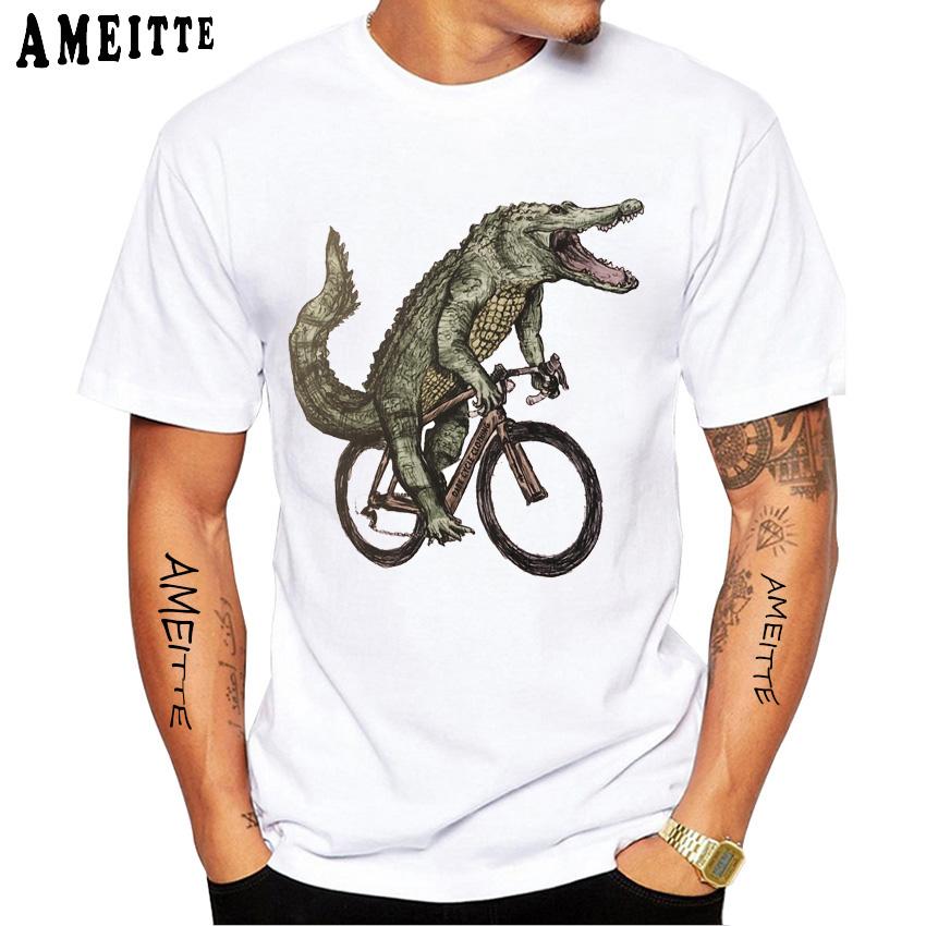 Vintage Shark Riding A Bicycle Vinyl T Shirt Summer Pattern Funny Tops Men S Short