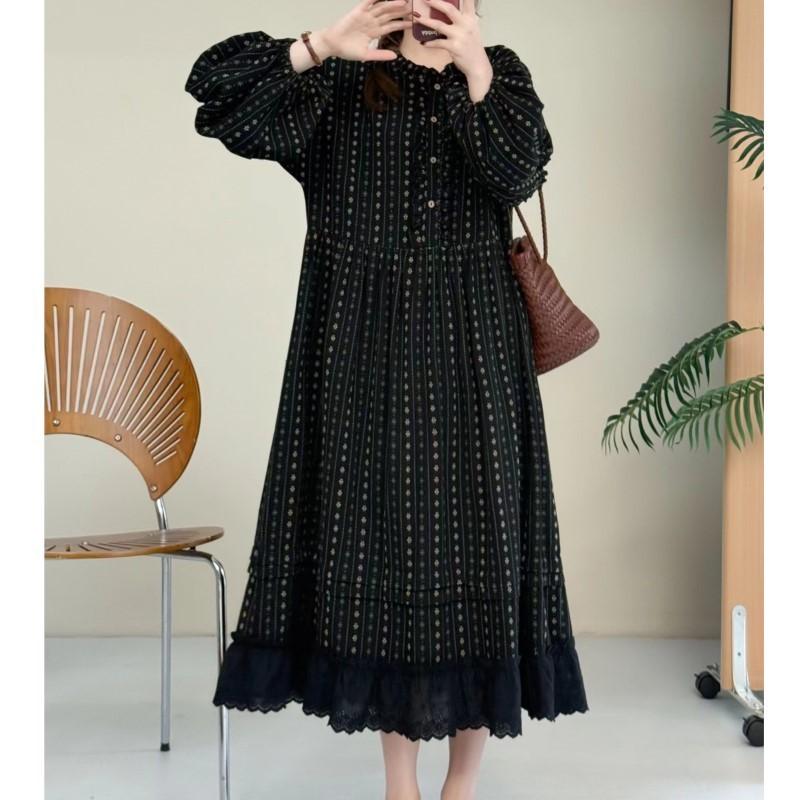 Johnature Jacquard Ruffle Printed Casual Dress Spring Loose Long Pullover Long-Sleeve A-Line Women Dresses