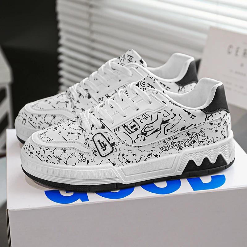 2024 Neueste Graffiti Color Blocked Herren Casual Sportschuhe Modische und Vielseitige Herren Leder Board Schuhe Größe 39-44
