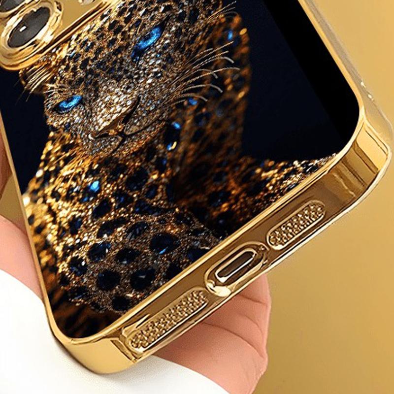 Custodia per Telefono in Vetro con Stampa Leopardata Metallica Oro Diamante Per iPhone 17 Pro Max 11 12 13 14 15 Pro 16 15 Plus 17Air 16E Cover
