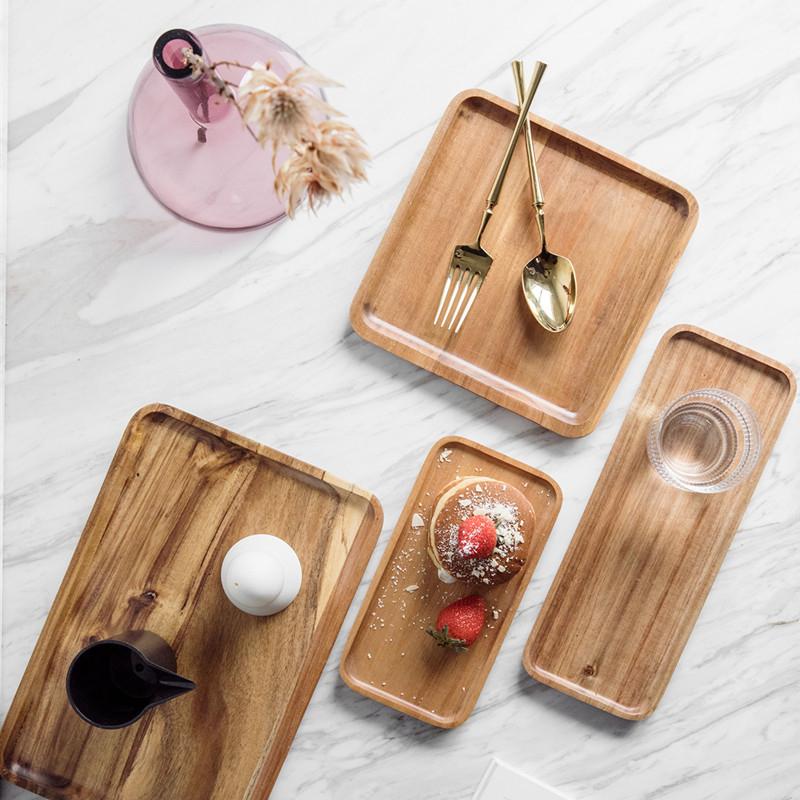 Wooden Serving Tray Rectangular Round Plate Tea Cup Saucer Tray Fruit Dessert Dinner Plate Food Storage Pallet Kitchen Tableware