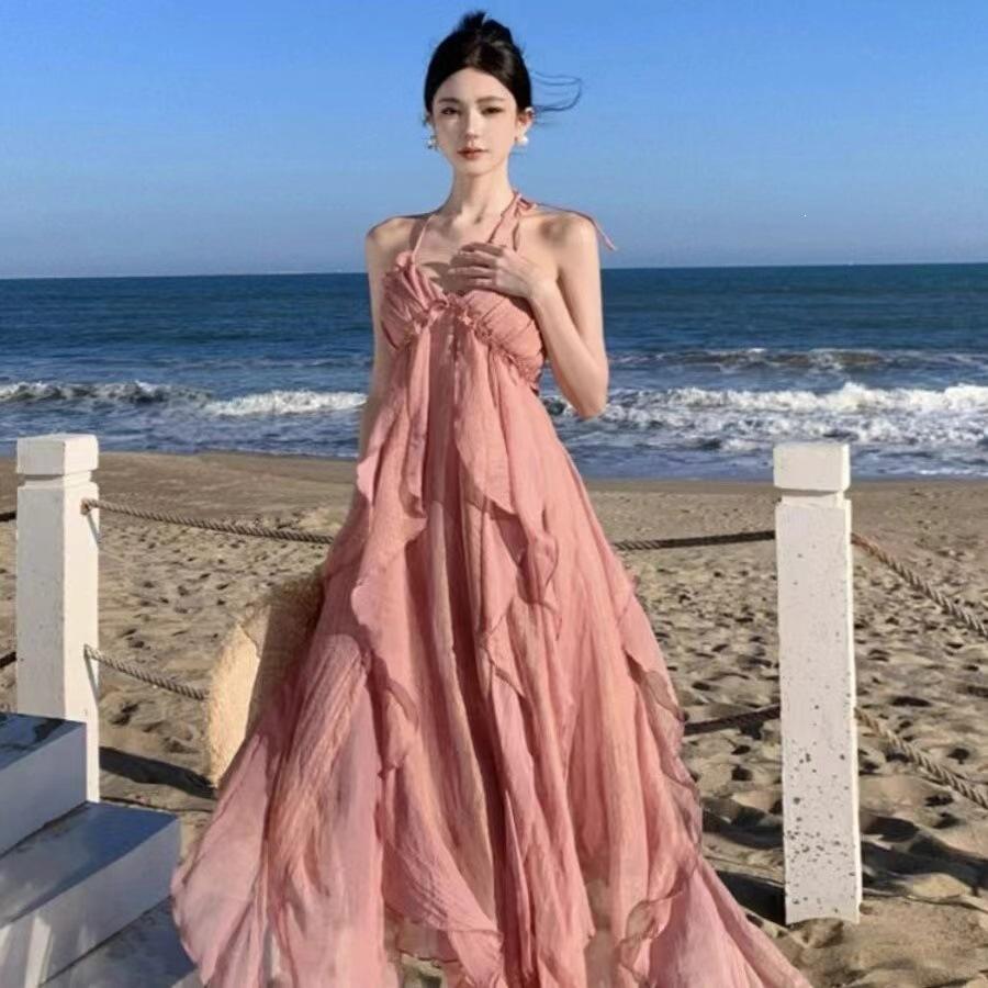 Seaside photo skirt ruffle leaf edge neck sling dress pink fairy skirt super fairy sweet vacation beach skirt