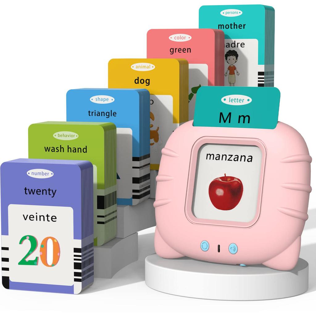 Startcan Spanish English Speaking Flash Cards for Toddlers 1 2 3 4 5 6 Audible Toys for Kids To Learn Spanish 258 Cards and 516 Words & - (Pink)