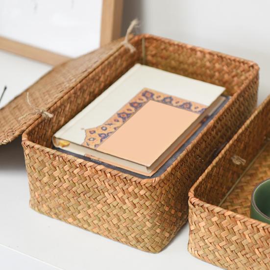 Yousheng 3 Stück Gewebte Rattan Aufbewahrungskörbe mit Deckel Großes Fassungsvermögen Naturstil Weidenaufbewahrungskörbe Stapelbare Aufbewahrungsboxen für Kleinkram