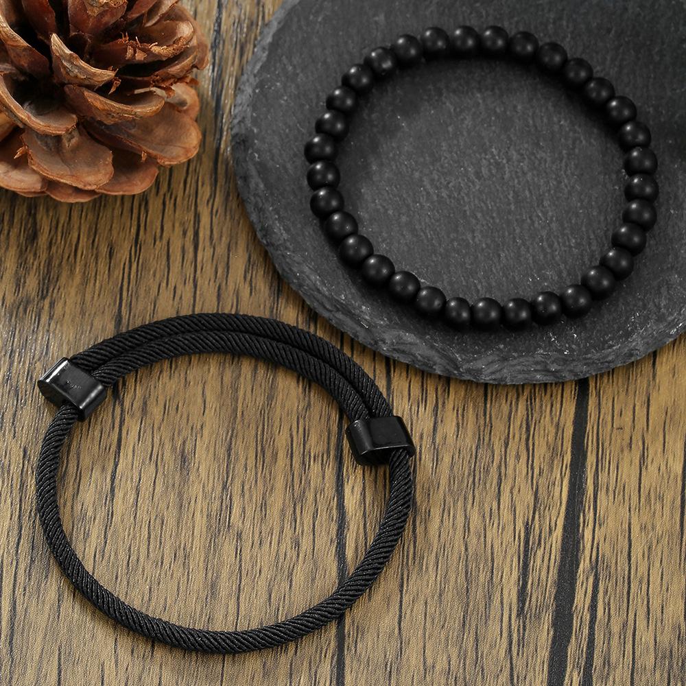 European and American hot-selling black rope adjustable Milan rope black matte beaded bracelet combination retro men's faith bracelet