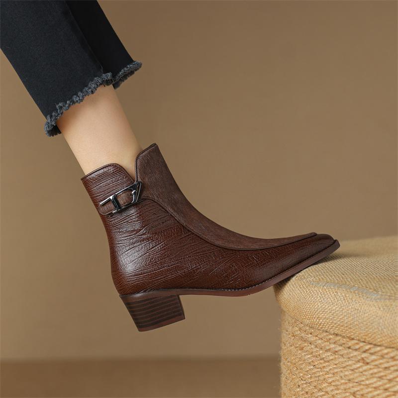 Fashion 2024 Autumn Horsehair Women Boots Pointed Toe Chunky Heel Shoes for Women Winter Short Boots Concise Women Boots Genuine Leather