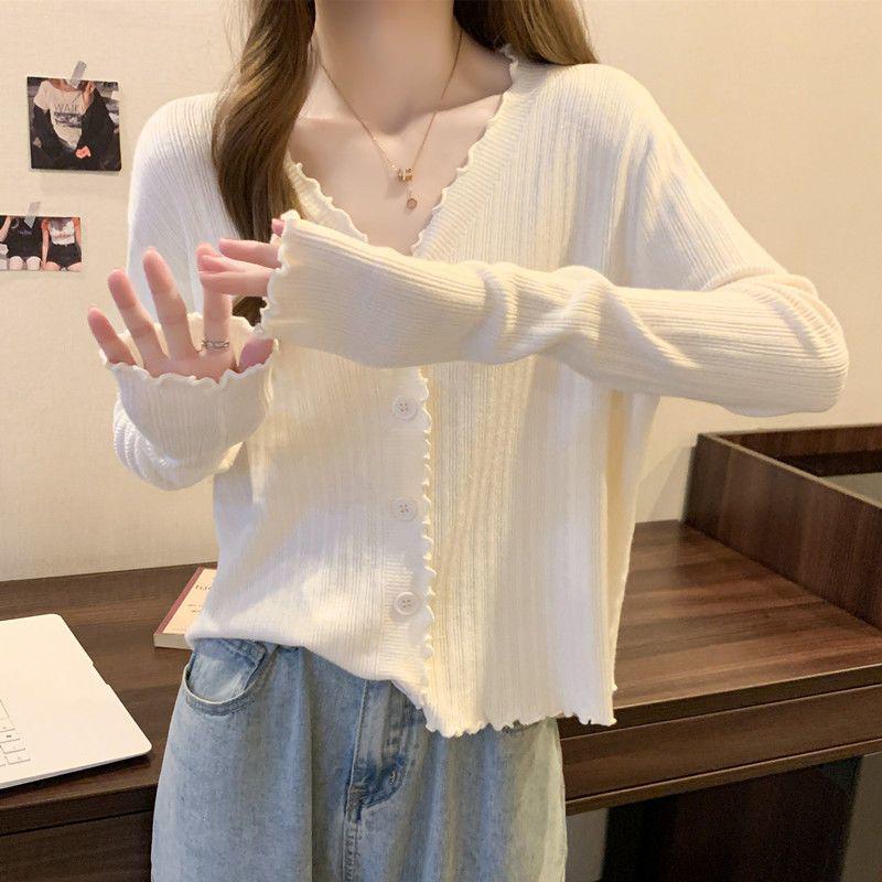 

2024 Spring/Summer Slimming Ruffle V-Neck Knit Cardigan - Women s Long Sleeve Base Layer Top Extra Large