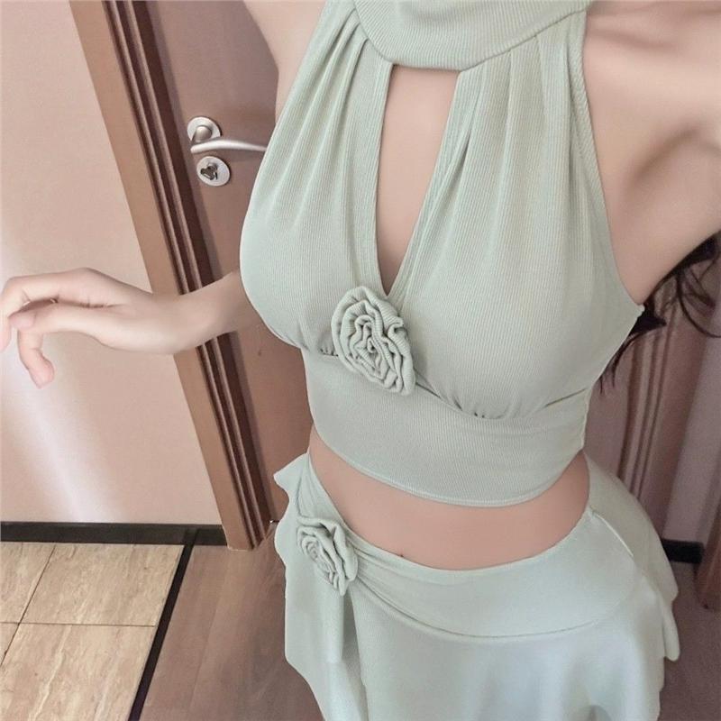 Split Swimsuit Women's New Wrap Skirt Ruffle Leaf Edge Triangular Small Chest Hollow Lace-up Hanging Neck Sexy Pure Desire Seaside