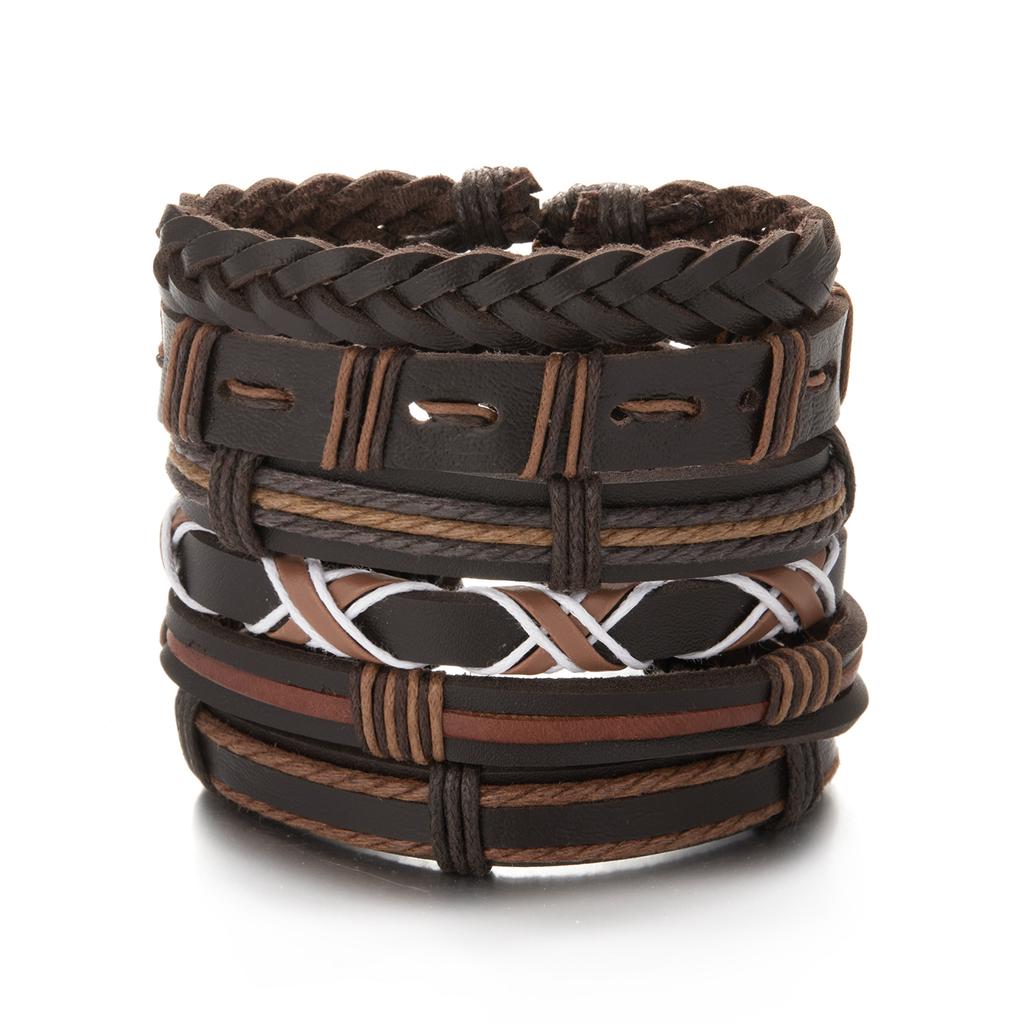Trendy Braided Wrap Leather Bracelets Men Vintage Cross Dumbbell Guitar Charm Wood Beads Male Wristbands Jewelry Pulsera Hombre