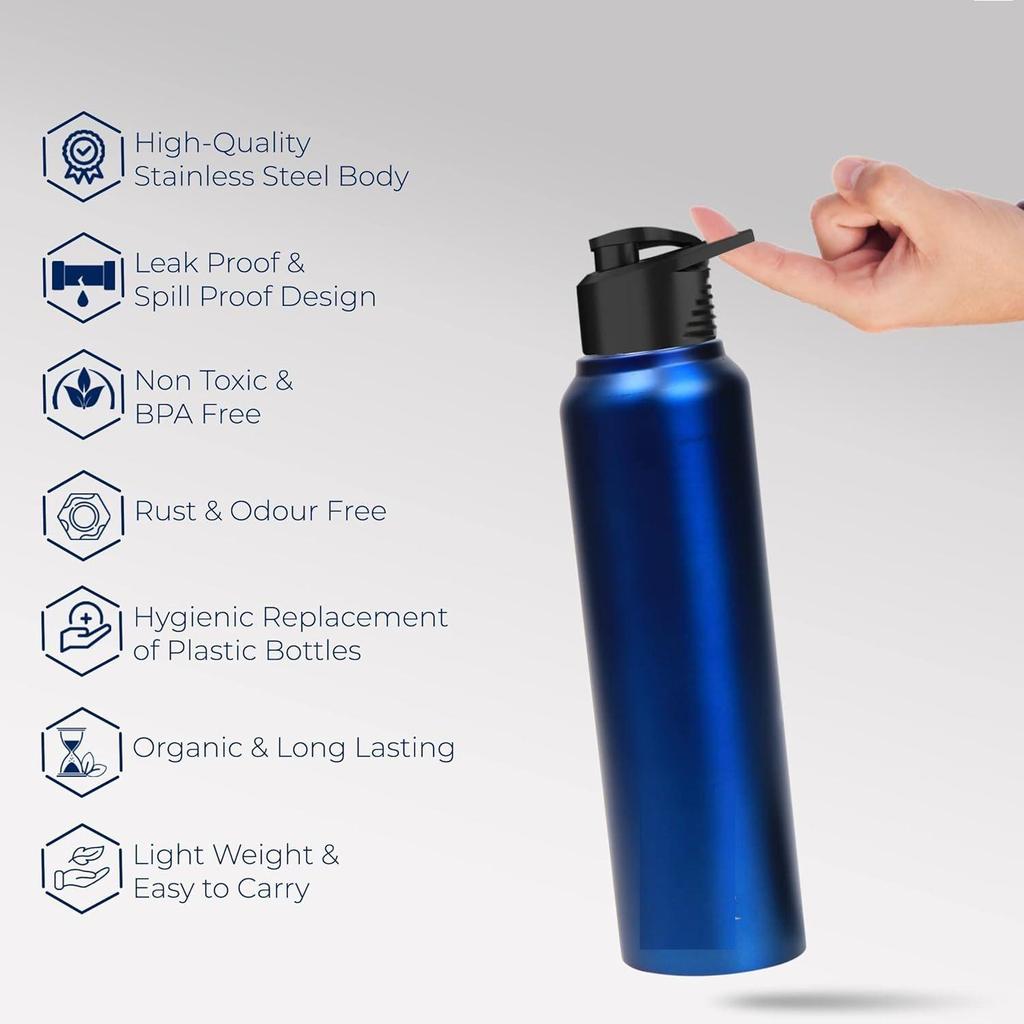 Stainless Steel Water Bottle 1 Ltr For Kids, Boys, Girls, 1 Litre Bottles for Gym,  Fridge Use, School & Office (Sipper Cap - Set of 3, Dark Blue)