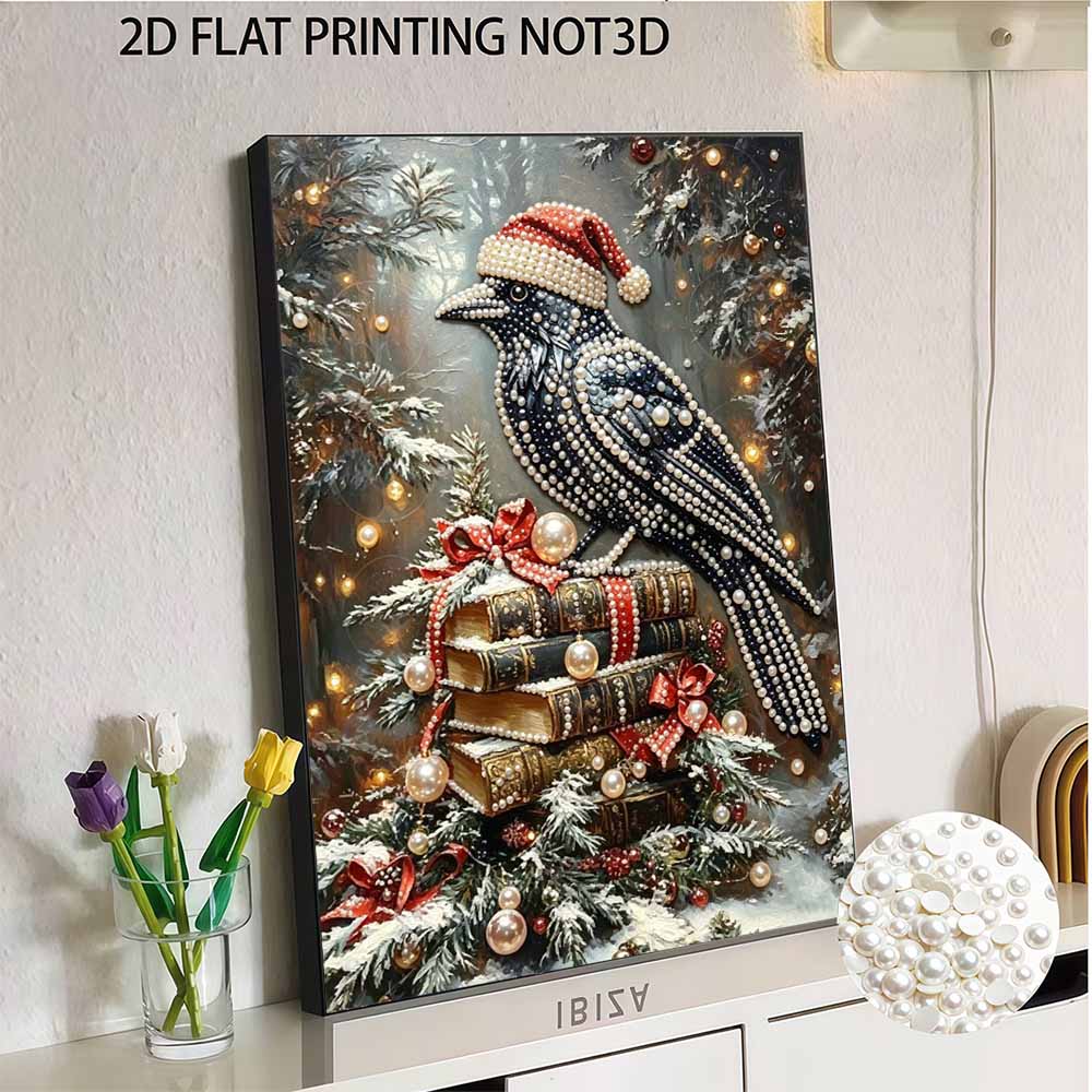 Christmas Crow Book Pearl Bead Painting Kit with Frame Shiny Canvas Art Creative Craft Home Decoration Gift and Winter Holiday Decor
