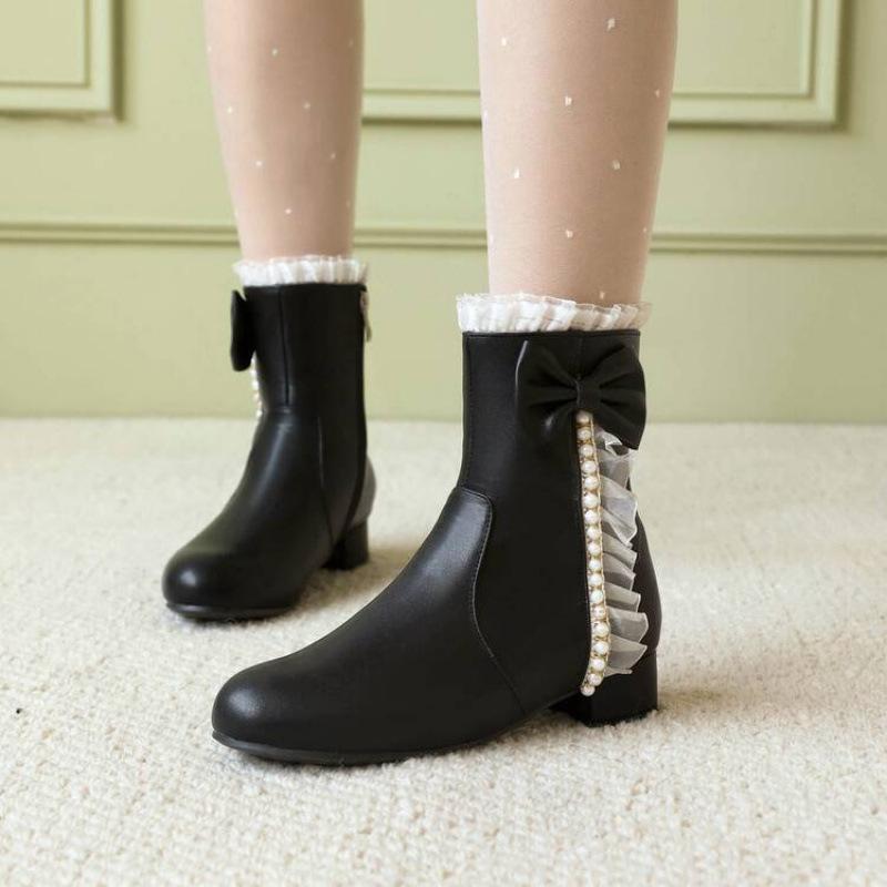 Autumn and winter girls Martin boots pink princess shoes side zipper medium and older children's shoes new Lolita children's low boots women