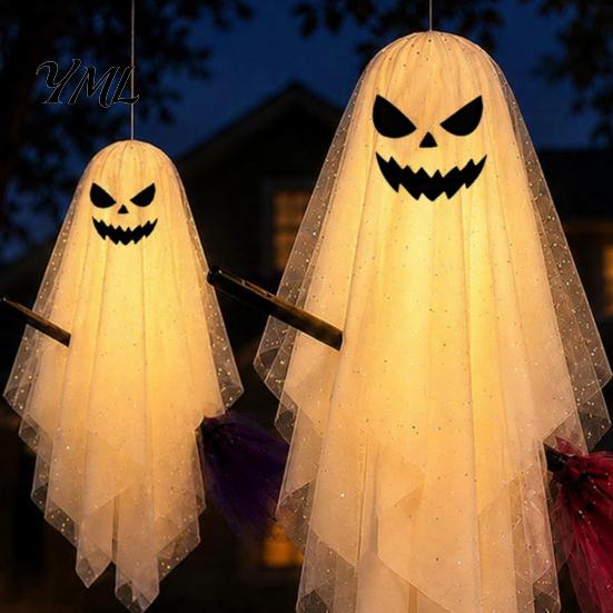Remote Control Party Lights Halloween Lighted Hanging Ghost with Broom Decor, Flying Broomstick Ornaments Battery Operated Yard Lights, 8 Modes
