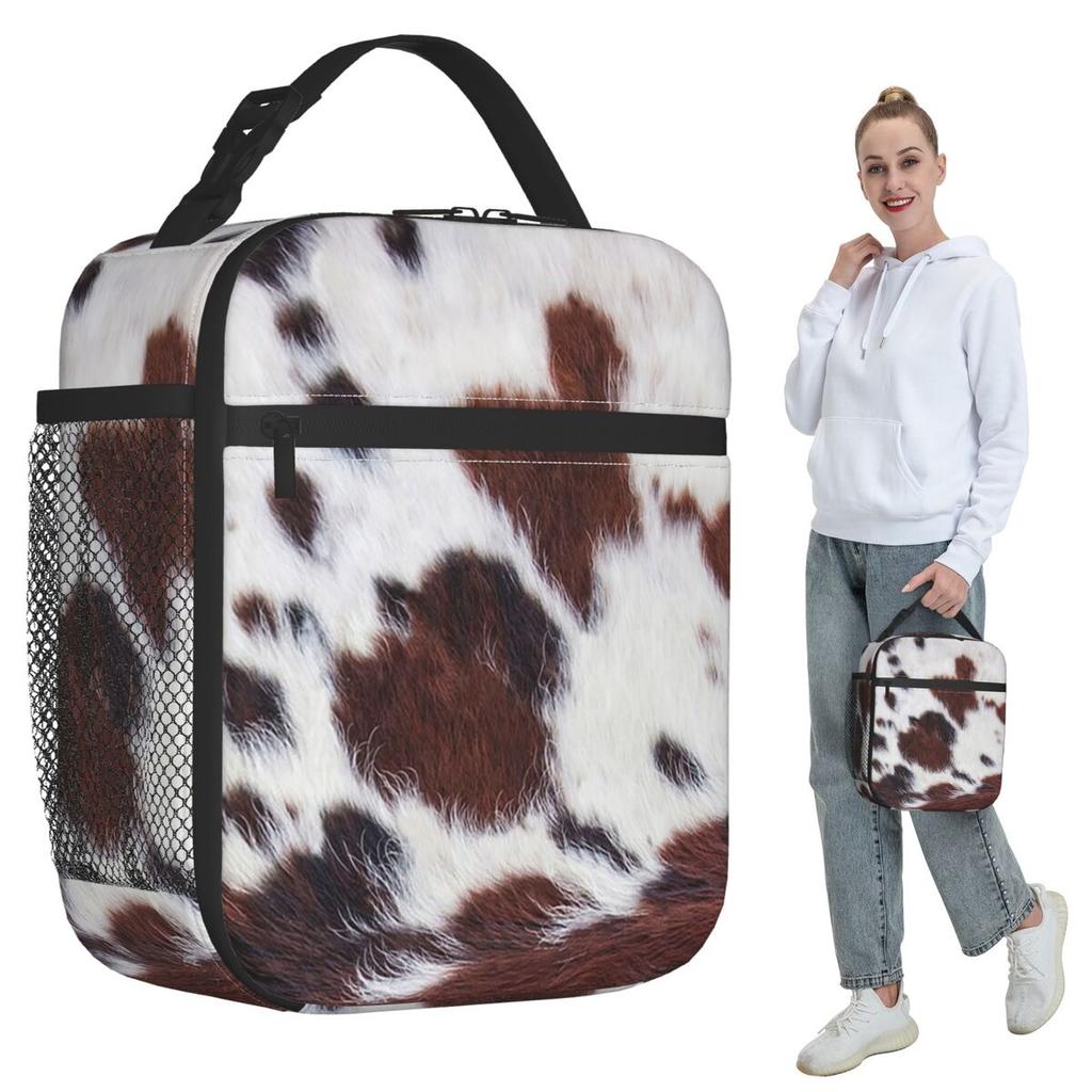 Brown White Cowhide Pattern Insulated Lunch Bag for Kids School Cooler Thermal Food Box Tote Portable Lunch Boxes Container